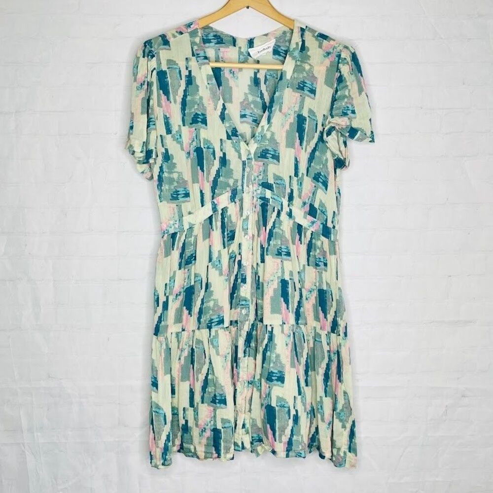 ba&sh Robe Talila Mini Dress Womens Medium Blue Short Sleeve V Neck Flare Artsy